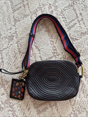 Fossil Rainbow Stitch Leather Crossbody Bag + Lips Card Holder Keychain set